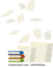 Paper files fall down. Flying sheets. Blank document and book. Thrown object. White trash. Cartoon flat illustration. Stack and pile of documents. Office element.
