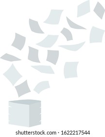Paper files fall down. Flying sheets. Blank sheet. White trash. Cartoon flat illustration. Stack and pile of documents. Office element. Thrown object