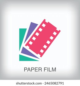 Logo moderno de tira de película de papel. Transiciones de color únicas. Plantilla del logotipo del Archivar de eventos y películas. Vector