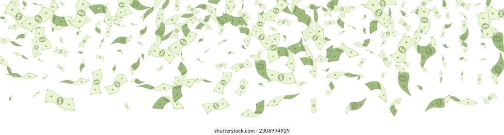 Paper Finance Vector White Panoramic Background. Falling Confetti Brochure. Rich Green Money Banner. Fall Currency Monetary Certificate.