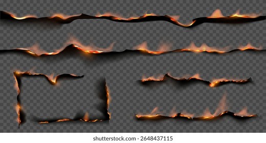 Listras de queima de fogo de papel e ilustração realista de vetor de quadro de canto. Lado de fogo com fogo, cinzas negras isoladas sobre fundo transparente. Folha com aresta queimada. Efeito de sobreposição de chama
