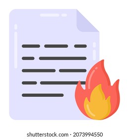 Paper with fire denoting flat icon of burning data 