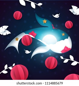 Paper fish illustration. Cartoon night landscape. Vector eps 10