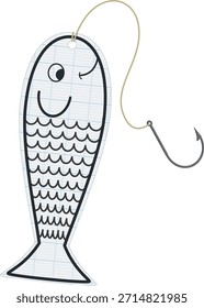 Ein Papierfisch, der typischerweise für den Aprilscherz verwendet wird, mit einem Angelhaken und einer Leine. Der Fisch lächelt und zwinkert. (ausgeschnitten)