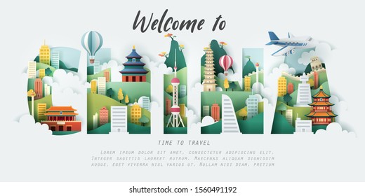 Paper and flat art of China building and landmark in the letters of "CHINA",  vector art and illustration.