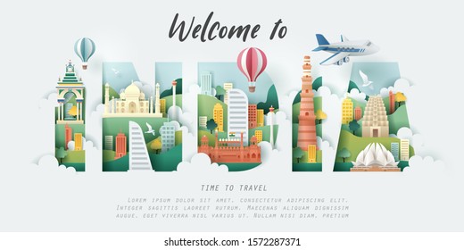 Paper and flat art of India building and famous landmark in the letters of "INDIA",  vector art and illustration.