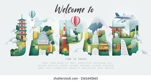 Paper and flat art of Japan building and landmark in the letters of "JAPAN",  vector art and illustration.