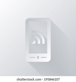 paper flat icon with a shadow, smartphone with the symbol rss