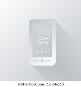 paper flat icon with a shadow, smartphone with the symbol cart online store