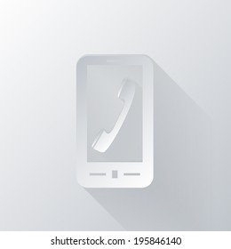 paper flat icon with a shadow, smartphone with the symbol telephone handset