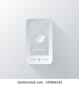 paper flat icon with a shadow, smartphone with the symbol  thumb up