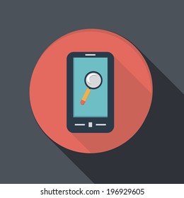 paper flat icon with a shadow. smartphone with the symbol magnifying glass