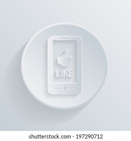 paper flat icon with a shadow, smartphone with the symbol  thumb up