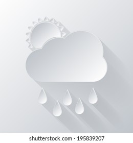 paper flat icon with a shadow. the sun behind the cloud with rain