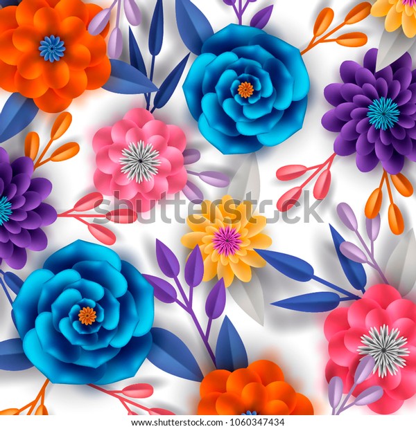 Paper floral anemone seamless pattern. 3d origami