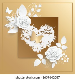 Paper flower. Abstract cut white roses on a gold and marble background. Geometric frame. Elegant brochure template, greeting card, cover, wedding invitation. Hand drawn lilies. Vector illustration. 