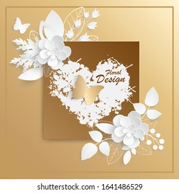 Paper flower. Abstract cut white roses on a gold and marble background. Geometric frame. Elegant brochure template, greeting card, cover, wedding invitation. Hand drawn lilies. Vector illustration. 