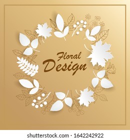 Paper flower. Abstract cut white roses on a gold and marble background. Geometric frame. Elegant brochure template, greeting card, cover, wedding invitation. Hand drawn lilies. Vector illustration. 