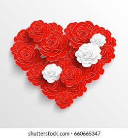 Paper flower. Background. Beautiful paper flower in form of heart on a white background. Wedding decorations. Greeting card with paper flower.