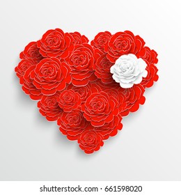 Paper flower. Background. Beautiful paper flower in form of heart on a white background. Wedding decorations. Greeting card with paper flower.