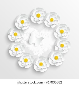 Paper flower. Chamomile are cut from paper. Beautiful heart on a white background. Wedding decorations. Wedding lace. Template greeting card, blank floral wall decor.