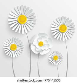 Paper flower. Chamomile are cut from paper. Beautiful heart on a white background. Wedding decorations. Wedding lace. Template greeting card, blank floral wall decor.