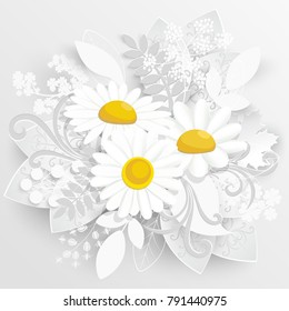 Paper flower. Chamomile are cut from paper. Beautiful heart on a white background. Wedding decorations. Wedding lace. Template greeting card, blank floral wall decor.