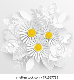 Paper flower. Chamomile are cut from paper. Beautiful heart on a white background. Wedding decorations. Wedding lace. Template greeting card, blank floral wall decor.