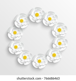 Paper flower. Chamomile are cut from paper. frame. Wedding decorations. Wedding lace. Template greeting card, blank floral wall decor.