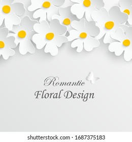 Paper flower. Chamomile. Daisies on white background. White Flowers cut out of paper. Wedding decorations. Decorative bouquet of the bride. Greeting card template. Vector illustration. 