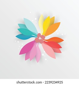 Paper flower. Colorful, bright flowers are cut out of paper. Wedding decorations. Decorative bridal bouquet, separate floral design elements. Greeting card template, blank floral wall decor.