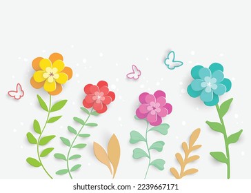 Paper flower. Colorful, bright wild flowers, butterflies are cut out of paper. Wedding decorations. Decorative bridal bouquet, separate floral design elements. Greeting card template