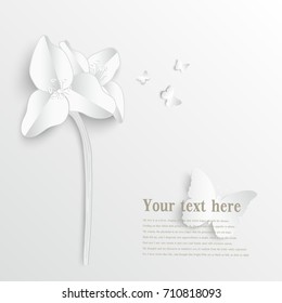 Paper flower. Flower cut from paper. Wedding decorations. Wedding lace. Greeting card template, blank floral wall decor. White flower. Butterfly. Background. Illustration