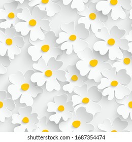 Flor de papel. Patrón sin fisuras. Chamomile sobre fondo blanco. Flores cortadas de papel. Textura sin fisuras en colores suaves.Decoración de bodas.Plantilla de tarjeta de felicitación. Ilustración vectorial.