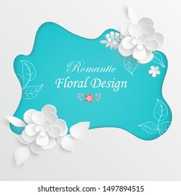 Paper flower. Frame with abstract cut flowers. White flowers. Wedding decorations. Decorative bridal bouquet. Greeting card template on white background. Vector illustration. Blue. 