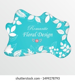Paper flower. Frame with abstract cut flowers. White flowers. Wedding decorations. Decorative bridal bouquet. Greeting card template on white background. Vector illustration. Blue. 