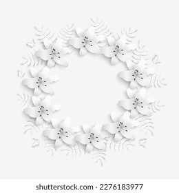 Flor de papel. Marco con flores secas abstractas. Lirios blancos. Decoración de bodas. El buquet de novias decorativo. Ilustración vectorial. Plantilla de tarjeta de felicitación, decoración de pared floral en blanco.