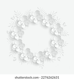 Paper flower. Frame with abstract cut flowers. White roses, lotus . Wedding decorations. Decorative bridal bouquet. Vector illustration. Greeting card template, blank floral wall decor.
