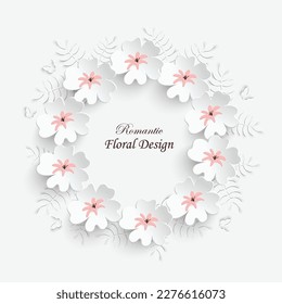 Paper flower. Frame with abstract cut flowers. White roses, lotus . Wedding decorations. Decorative bridal bouquet. Vector illustration. Greeting card template, blank floral wall decor.
