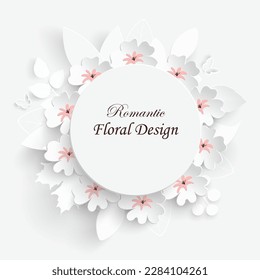 Paper flower. Frame with abstract cut flowers. White roses, lotus . Wedding decorations. Decorative bridal bouquet. Vector illustration. Greeting card template, blank floral wall decor.