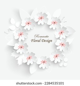 Flor de papel. Marco con flores secas abstractas. Rosas blancas, loto. Decoración de bodas. El buquet de novias decorativo. Ilustración vectorial. Plantilla de tarjeta de felicitación, decoración de pared floral en blanco.