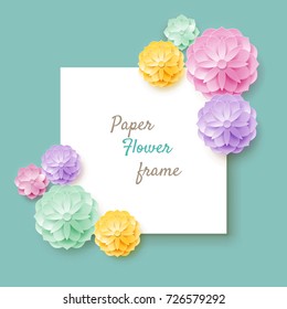 Paper flower frame turquoise background. Vintage background with paper flower frame. Set of color plants as a vector illustration