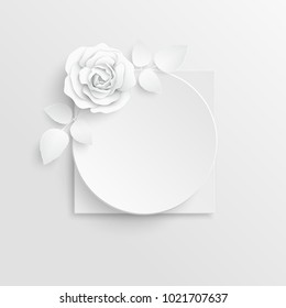 Paper flower. Frame. White rose. White rectangular photo frame with white cut out paper flowers. Wedding decorations. Greeting card template, blank floral wall decor. Background. Illustration