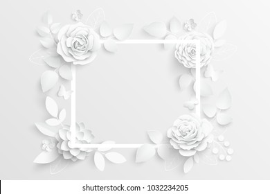 Paper flower. Frame. White rose. White rectangular photo frame with white cut out paper flowers. Wedding decorations. Greeting card template, blank floral wall decor. Background. Illustration