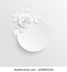 Paper flower. Frame. White rose. White rectangular photo frame with white cut out paper flowers. Wedding decorations. Greeting card template, blank floral wall decor. Background. Illustration