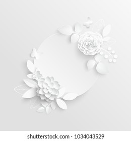 Paper flower. Frame. White rose. White rectangular photo frame with white cut out paper flowers. Wedding decorations. Greeting card template, blank floral wall decor. Background. Illustration