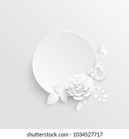 Paper flower. Frame. White rose. White rectangular photo frame with white cut out paper flowers. Wedding decorations. Greeting card template, blank floral wall decor. Background. Illustration