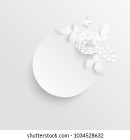 Paper flower. Frame. White rose. White rectangular photo frame with white cut out paper flowers. Wedding decorations. Greeting card template, blank floral wall decor. Background. Illustration