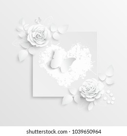 Paper flower. Frame. White rose. White rectangular photo frame with white cut out paper flowers. Wedding decorations. Greeting card template, blank floral wall decor. Background. Illustration