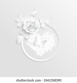 Paper flower. Frame. White rose. White rectangular photo frame with white cut out paper flowers. Wedding decorations. Greeting card template, blank floral wall decor. Background. Illustration